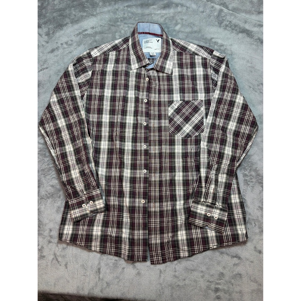 American Eagle Mens XL Smart Fit Plaid Button Down Shirt Burgundy White Cotton